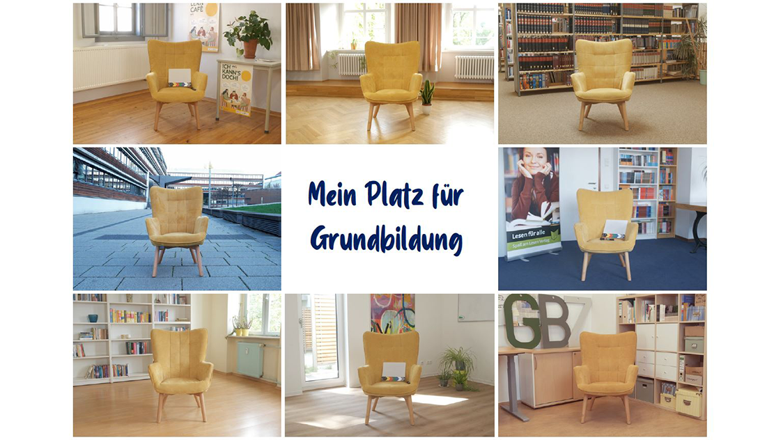 Collage aus verschiedenen Fotos eines gelben Sessels